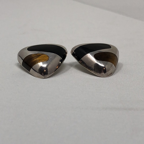 Vintage Taxco Mexico Earrings 950 Silver Tiger Eye Onyx Clip On Triangular Inlay - Picture 9 of 9